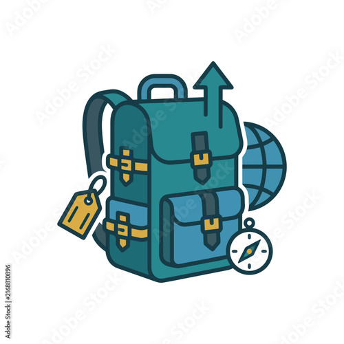 Travel Backpack Globe Compass and Luggage Tag Icon Set