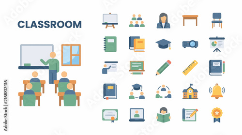 Classroom  Icon Set – Education, Teaching, Students, Learning and School