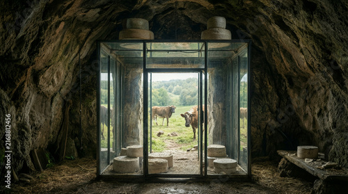 Modern glass box entrance of a traditional cheese aging cave surrounded by pasture landscape