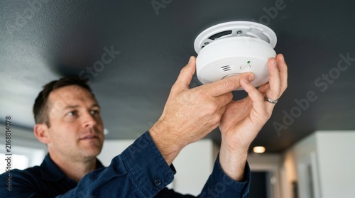 Man installing a smoke detector on a dark ceiling for home fire safety and security.