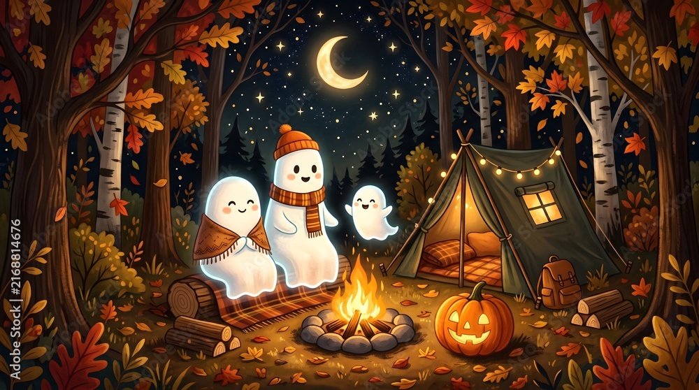 Fototapeta premium Charming fantasy scene of friendly ghosts enjoying outdoor adventure in enchanted fall forest setting