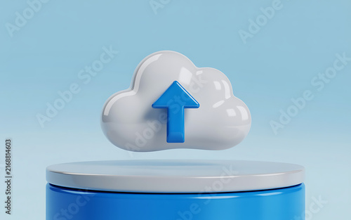 3d cloud icon with upload arrow on a display stand illustration