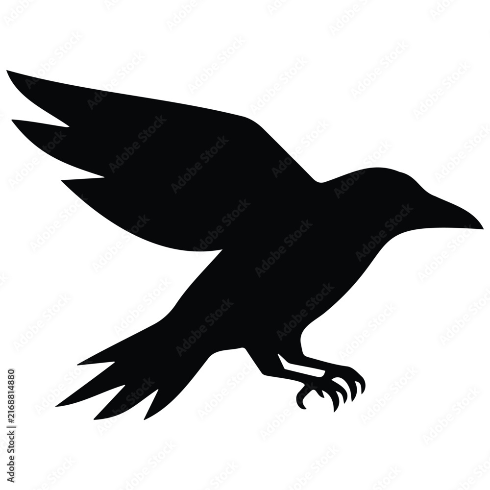 Fototapeta premium Black raven silhouette landing bird icon wild crow graphic symbol for nature print design.