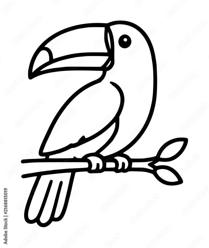 Naklejka premium Minimalist toucan bird vector icon illustration featuring a tropical bird with a large beak perched on a tree branch with leaves, perfect for coloring books, nature logos, and wildlife designs.