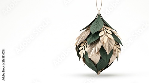 Decorative christmas bauble made from metallic gold and green leaves isolated on white background