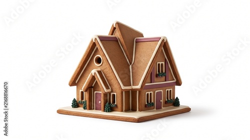 Festive homemade gingerbread house decorated with white icing on a white background