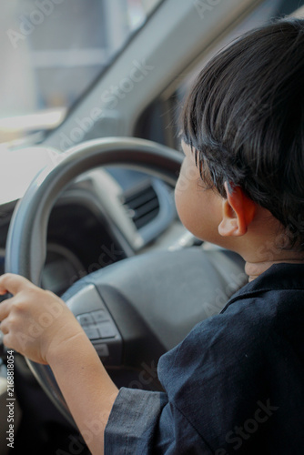 Young child sitting behind the steering wheel of a car, capturing a candid childhood moment