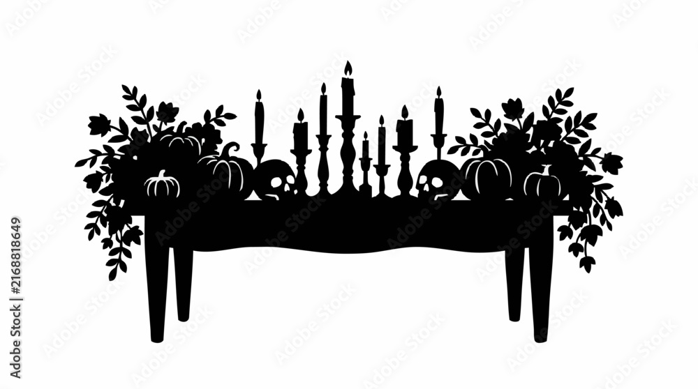 Fototapeta premium Spooky Halloween Tablescape Vector Illustration with Pumpkins, Candles, and Creepy Party Decorations