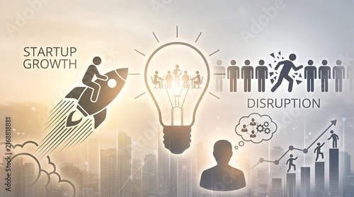 Startup growth and disruption concept with innovation, teamwork, and business progress.