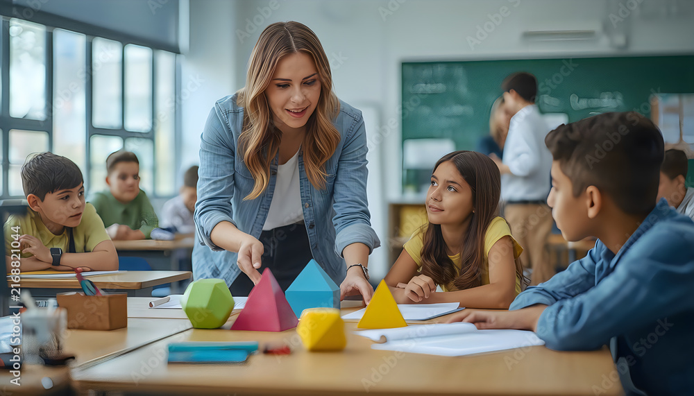 Fototapeta premium Teacher shows geometric shapes to attentive students in a classroom.