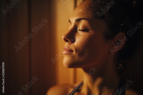 Woman relaxing in sauna with closed eyes and serene expression. Warm light highlights skin texture and creates tranquil atmosphere. Soft shadows enhance natural beauty