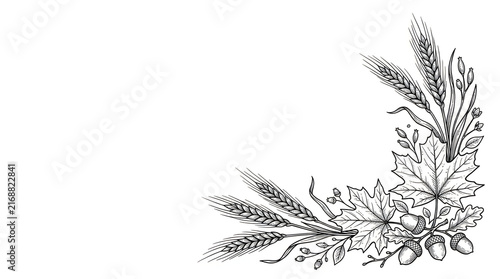 A sophisticated black and white botanical corner design featuring pine branches and intricate delicate foliage elements