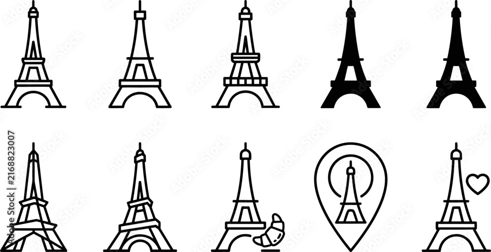 Fototapeta premium Eiffel Tower Icon Set with Paris Landmark Symbols for Travel Apps Websites Tourism Maps Graphic Designs and French Culture Infographics