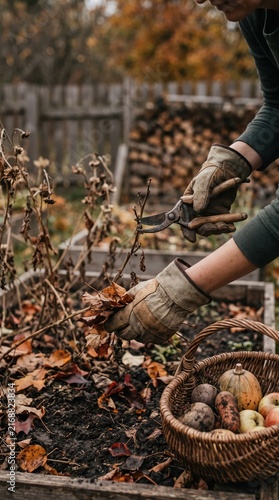 Gardener collecting dry leaves and garden debris into a burlap sack during autumn cleanup. Sustainable yard maintenance and seasonal outdoor work with with crop. Background with copy space.