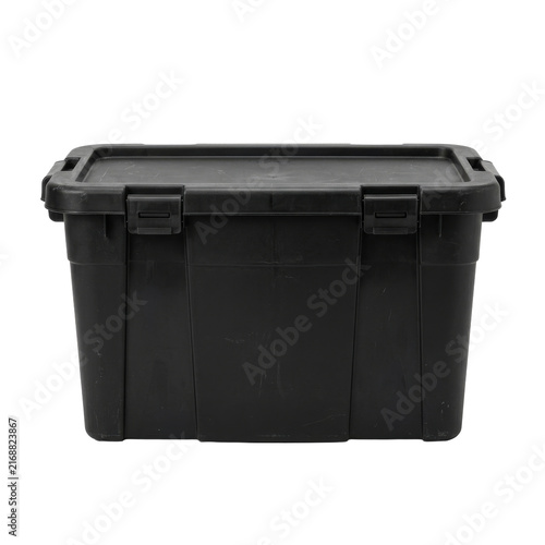 Black plastic storage container with lid