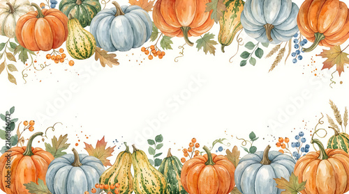 Watercolor autumn frame with pumpkins leaves and floral elements for fall season design