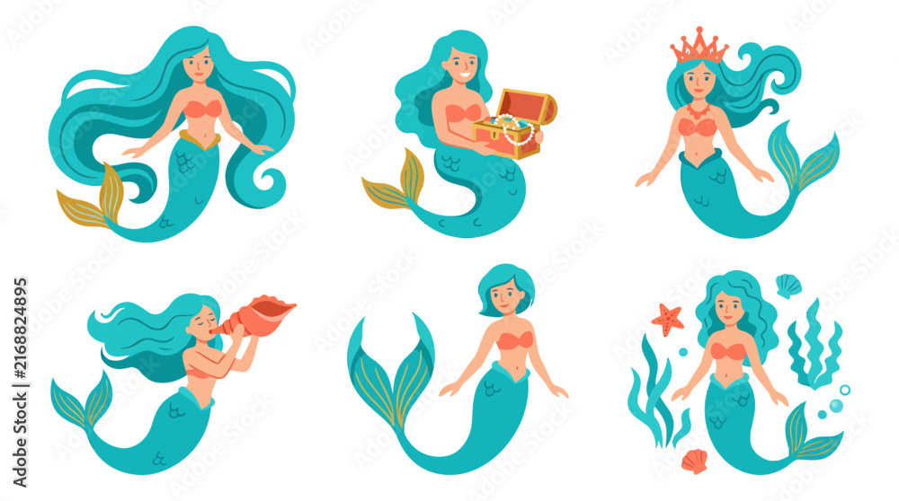 Fototapeta premium Mermaid character set, flat vector illustration of cute sea princesses