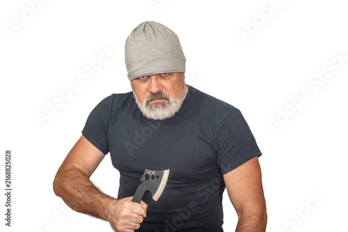 Quadro su tela Serious man holding axe with intimidating expression, isolated on white background