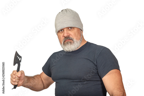 Foto Menacing bearded man with an axe isolated on white background