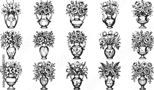 Collection of decorative floral arrangements in artistic antique vases isolated on transparent background