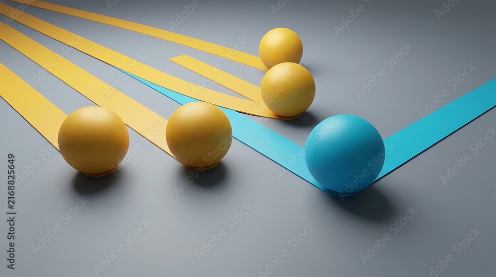 Obraz premium Several yellow spheres and one blue sphere arranged on a grey surface with colored lines.