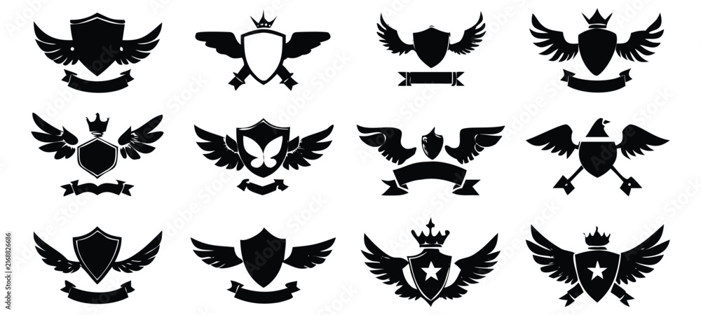 Obraz premium Heraldic insignias shields with wings crowns and banners vector icons for logos and insignia.