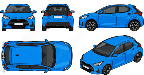 Editable CAD Vector Illustration of a Modern Hatchback Car in Blue