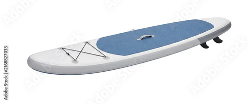 Canvas Print Inflatable stand up paddleboard with blue deck pad and fins isolated