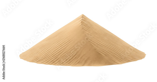 Fotografie A conical pile of fine sand with distinct ripple patterns isolated on white