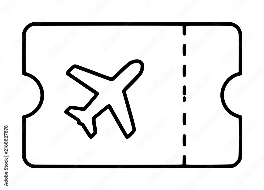 Fototapeta premium Minimalist outline vector icon of an airplane ticket or travel voucher featuring a flight symbol and perforated line, ideal for tourism apps, boarding pass illustration for vacation and transport.