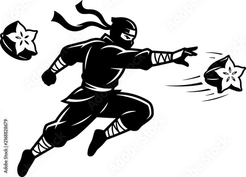 Foto Ninja throwing star fruit like a shuriken, dynamic action pose, black and white