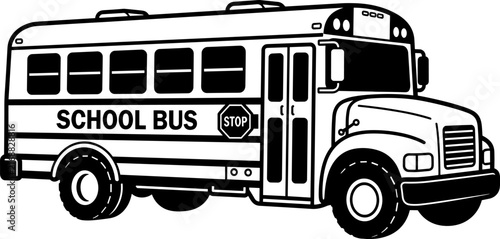 Black and white illustration of a classic school bus