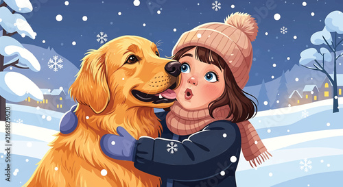 Cute little girl hugging golden retriever dog in the snow, winter background with snowy forest, vector illustration of happy child and cute pet, snowy landscape with falling snowflakes