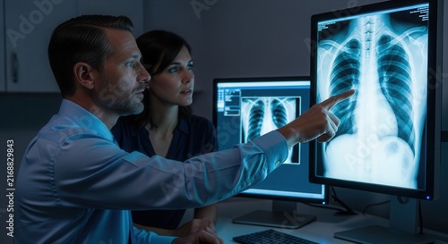 Doctors analyzing chest X-ray on computer screen in dark medical office, medical diagnosis, collaboration, healthcare concept