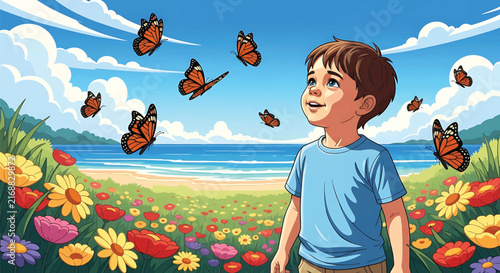 Cute cartoon boy in blue t-shirt watching butterflies in floral garden. Happy child outdoors near ocean beach. Joyful summer nature scene.