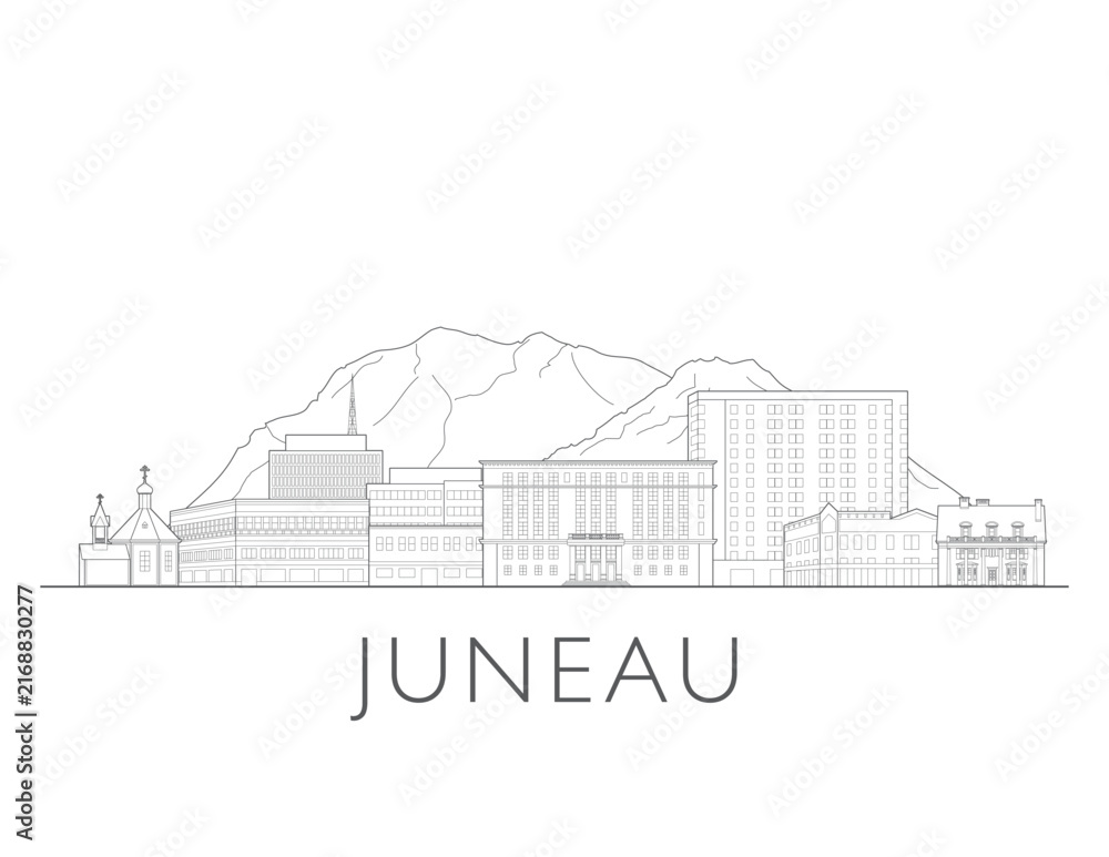 Obraz premium Juneau skyline, Alaska. Urban cityscape with landmarks and monuments. Hand drawn line art digital skyline illustration.