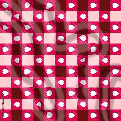 Wavy pink and red checkered seamless pattern background featuring cute white heart motifs and 3D wavy fabric fold textures