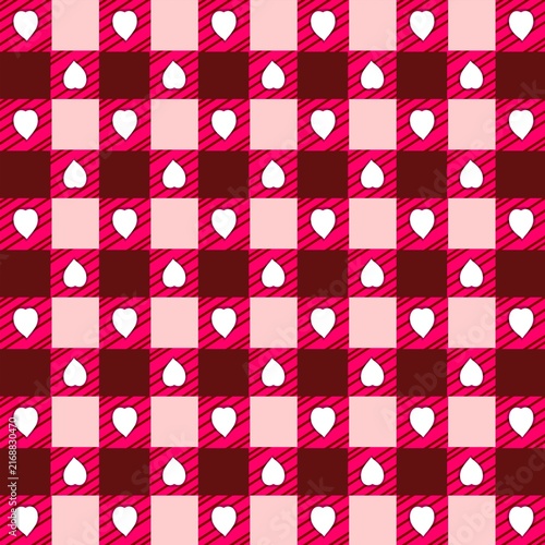 Flat pink and red checkered seamless pattern background featuring cute white heart icons on 2D grid tiles