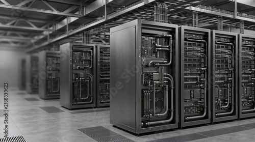 Aligned liquid cooled AI server racks array in data center with copy space