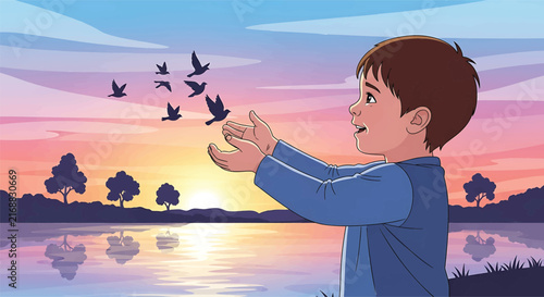 Cute Little Boy Releasing Birds Into The Sky At Sunset. Children Frees Wild Birds. Protecting Nature Conservation. Lakeside Scenery. Peaceful Illustration Vector Graphics.