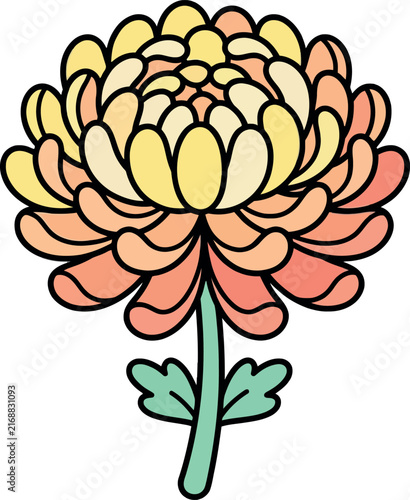 Stylized Chrysanthemum Flower Illustration with Yellow and Orange Petals and Green Stem