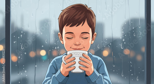 Cozy vector illustration of a boy drinking hot tea. Happy child with a cup on a rainy day. Warm beverage and steam by window. Comforting mood.