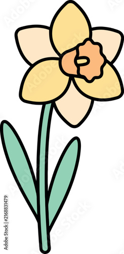 Stylized Yellow Daffodil Flower Illustration with Green Leaves and Stem on White Background