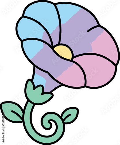 Pastel Colored Morning Glory Flower Illustration with Whimsical Petals and Cute Decorative Foliage Elements