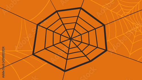 Bold orange spider web centered layout featuring dark interconnected lines across vibrant autumnal backdrop perfect for festive seasonal cards.