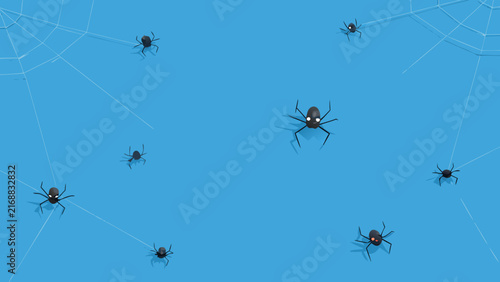 Playful blue background scattered with cartoon spider icons and delicate web strands creating whimsical atmosphere for kids themed holiday event.