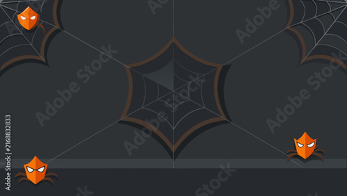 Spiders with orange armor shields and intricate webs on dark backdrop create spooky atmosphere for festive october holiday party designs.