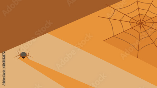 Single black spider creeping towards hanging web on warm brown gradient background suggests ominous mystery for seasonal graphics.