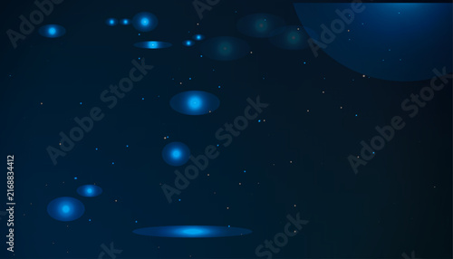 Futuristic blue light flares on dark background, glowing cosmic particles and bokeh effects, abstract digital space vector for tech banners