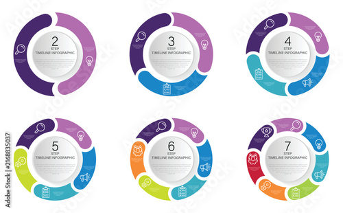 Circle chart infographic template. Circular arrows with 2-7 steps, options. Round chart that can be used for report, business analytics, data visualization and presentation. Vector illustration.